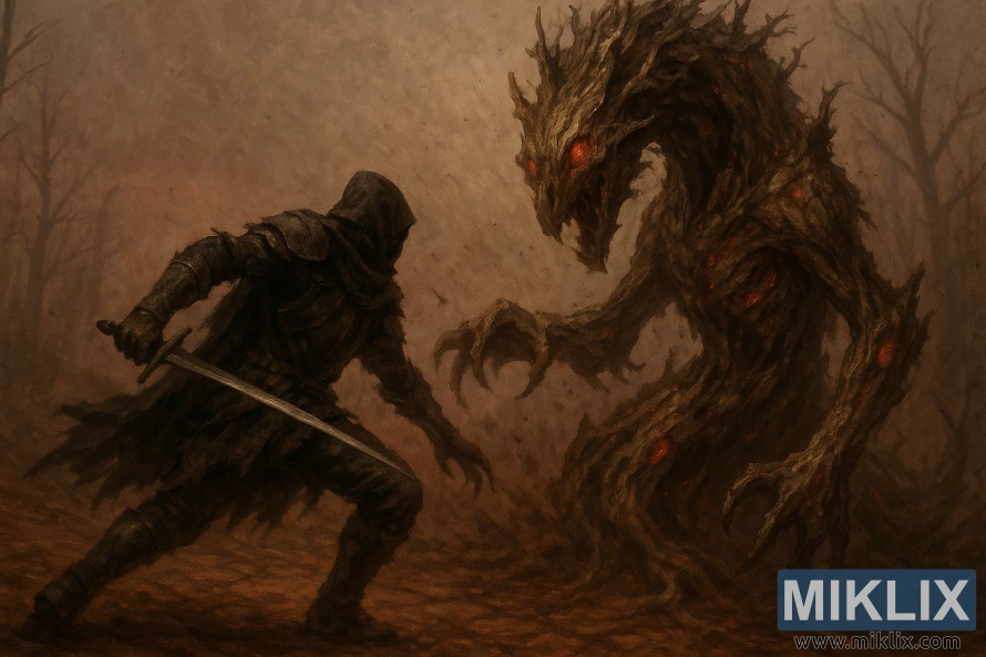 A warrior clashes with a massive rotting tree-like creature in a dark, misty wasteland.