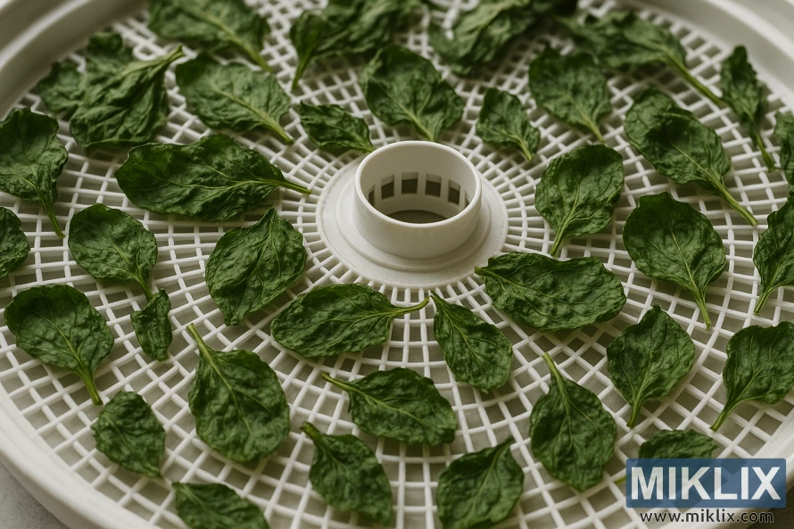 Сушеные листья шпината равномерно разложены на круглой белой решетке дегидратора с центральным отверстием для выхода воздуха. Сушеные листья шпината равномерно разложены на круглой белой решетке дегидратора с центральным отверстием для выхода воздуха.