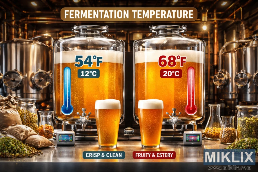 Side-by-side brewery fermentation tanks showing golden ale fermented at 54°F for crisp flavor and 68°F for fruity, estery character.