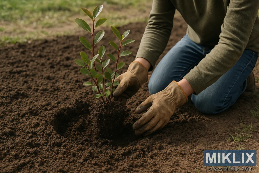 En trädgårdsmästare med handskar knäböjer i en nylagad trädgårdsbädd medan han planterar en ung aroniabuske med mörkgröna blad och rödaktiga stjälkar. En trädgårdsmästare med handskar knäböjer i en nylagad trädgårdsbädd medan han planterar en ung aroniabuske med mörkgröna blad och rödaktiga stjälkar.
