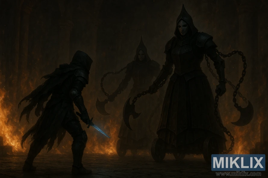 Plačiame kadre Aptemęs stovi priešais dvi aukštas Pagrobėjų Mergeles tamsioje, liepsnojančioje salėje.