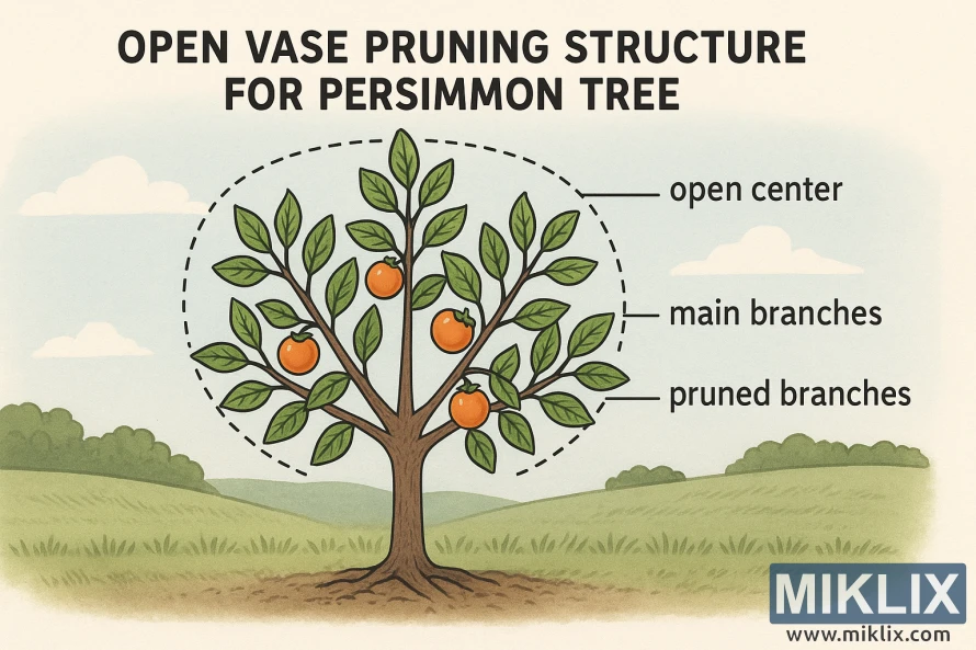 Educational diagram showing an open vase pruning structure for a persimmon tree, with labeled branches and open center. Educational diagram showing an open vase pruning structure for a persimmon tree, with labeled branches and open center.