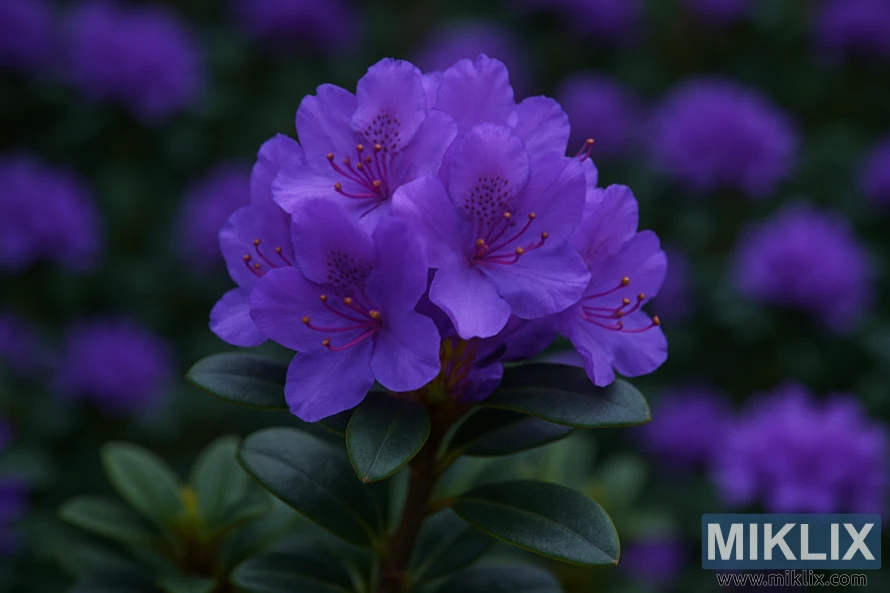 Close-up of Ramapo dwarf rhododendron with vivid purple trumpet-shaped blossoms. Close-up of Ramapo dwarf rhododendron with vivid purple trumpet-shaped blossoms.