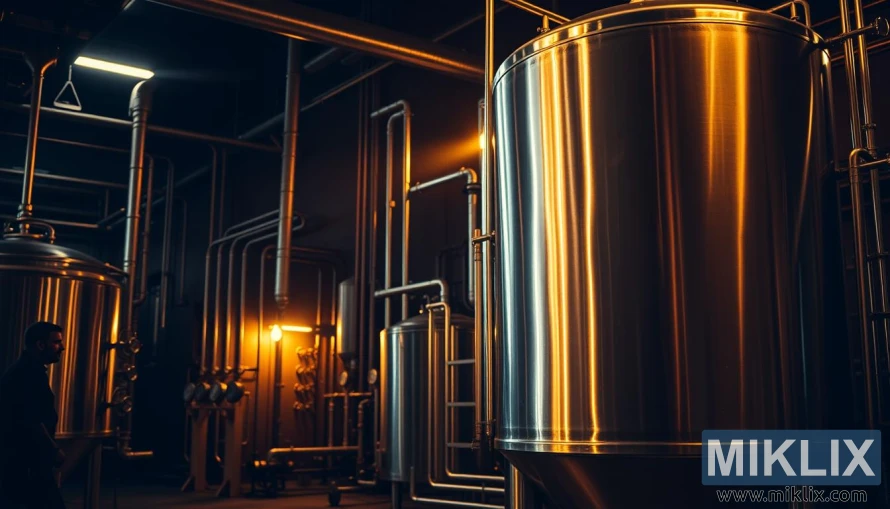 Roostevabast terasest kõrggravitatsiooniga fermentaator hämaras tööstuslikus õlletehases torude ja manomeetritega.
