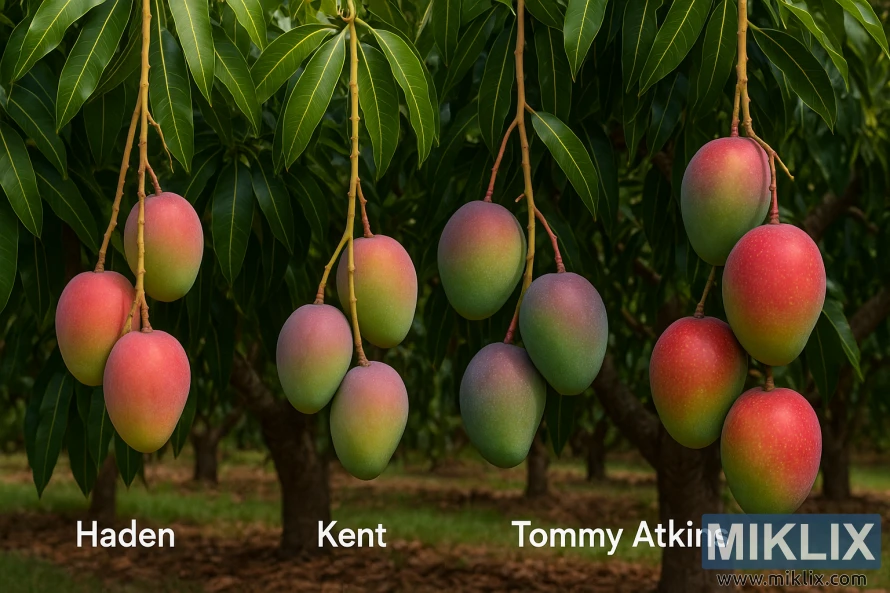 Three mango trees—Haden, Kent, and Tommy Atkins—displaying clusters of ripe mangoes among lush green leaves in a tropical orchard.