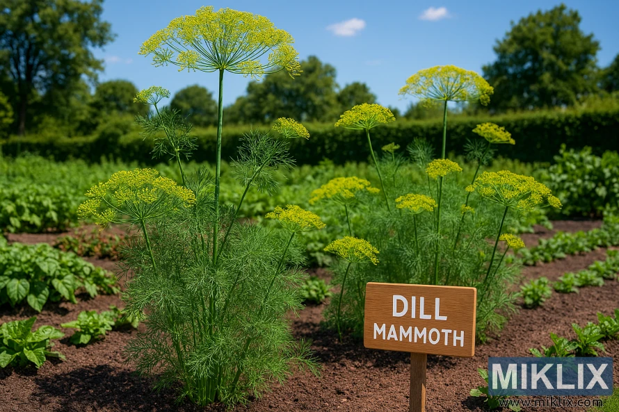 Tall Mammoth dill plants with yellow umbels in a well-kept vegetable garden on a sunny day Tall Mammoth dill plants with yellow umbels in a well-kept vegetable garden on a sunny day