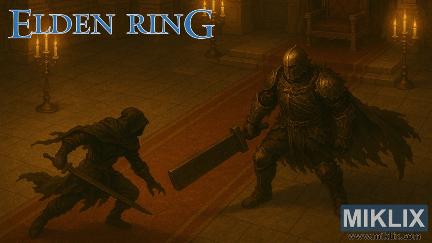 Elden Ring fan art of Black Knife armor player battling Elemer of the Briar in Shaded Castle Elden Ring fan art of Black Knife armor player battling Elemer of the Briar in Shaded Castle