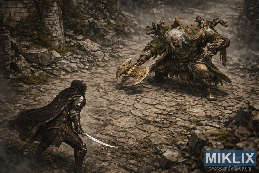 Isometric dark-fantasy view of Stormveil’s courtyard: the Tarnished in hooded black armor approaches from the lower left with a curved blade, facing Godrick the Grafted on the upper right holding an ornate golden battle-axe. Isometric dark-fantasy view of Stormveil’s courtyard: the Tarnished in hooded black armor approaches from the lower left with a curved blade, facing Godrick the Grafted on the upper right holding an ornate golden battle-axe.