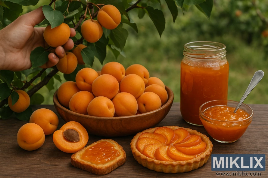 Une main cueillant des abricots mûrs sur un arbre, à côté d'une table garnie de confiture d'abricots, de tartelettes et de fruits frais, le tout baigné de lumière naturelle.