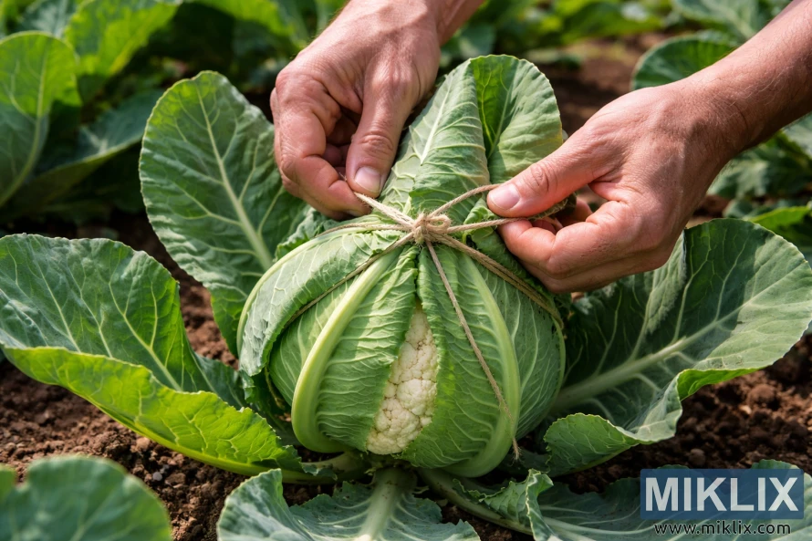 Mans d'un jardiner lligant fulles de coliflor sobre el mató blanc en desenvolupament per demostrar el blanquejament en un llit de jardí.
