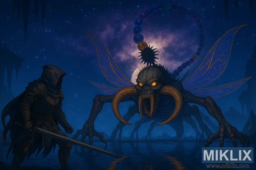 Anime-style fan art of the Tarnished confronting Astel, Naturalborn of the Void, in Elden Ring's Grand Cloister