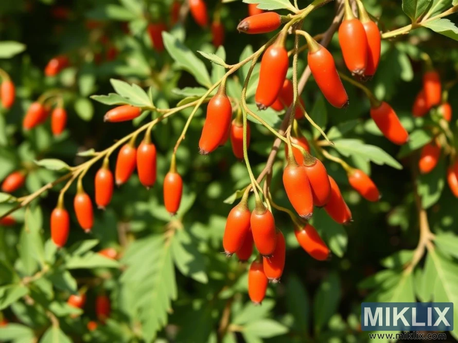 푸른 잎이 무성한 가지에 매달린 밝은 붉은색 구기자 열매 덩어리. 푸른 잎이 무성한 가지에 매달린 밝은 붉은색 구기자 열매 덩어리.