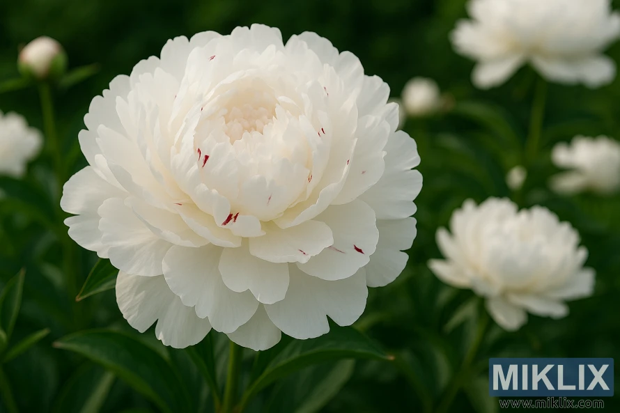 A close-up of a Festiva Maxima peony with large white petals and delicate crimson flecks in a lush garden setting.