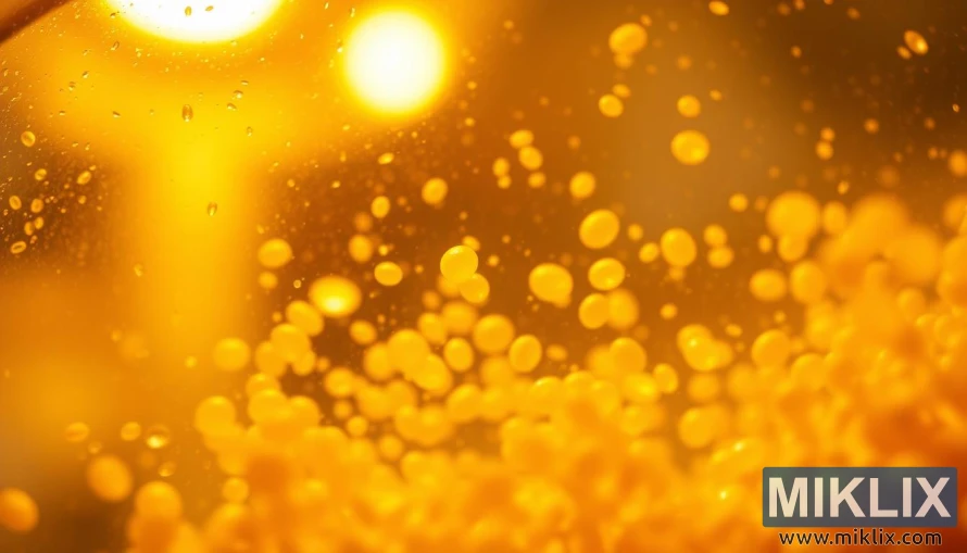 Krupni plan ćelija pivskog kvasca suspendovanih u bistrom tečnosti pod toplim laboratorijskim osvetljenjem.