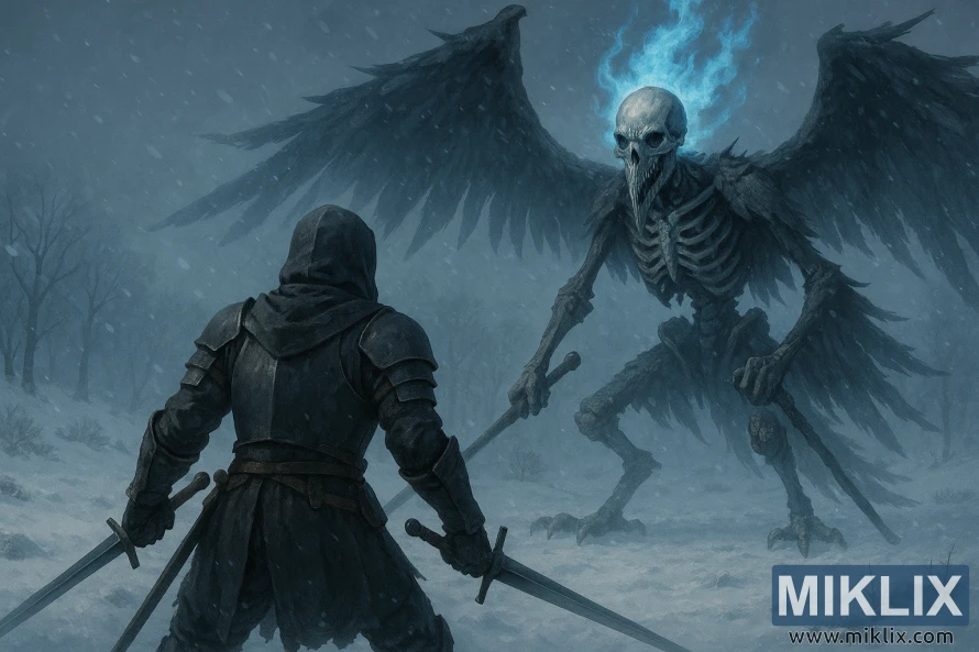 ଏକ ତୁଷାରମୟ ମରୁଭୂମିରେ ନୀଳ ବର୍ଣ୍ଣାଳୀ ଜ୍ୱାଳା ସହିତ ଏକ ଉଚ୍ଚ କଙ୍କାଳ ଡେଥ୍ ରାଇଟ୍ ପକ୍ଷୀର ସାମ୍ନା କରେ ଗାଢ଼ କବଚ ପିନ୍ଧିଥିବା ଜଣେ ଯୋଦ୍ଧା। ଏକ ତୁଷାରମୟ ମରୁଭୂମିରେ ନୀଳ ବର୍ଣ୍ଣାଳୀ ଜ୍ୱାଳା ସହିତ ଏକ ଉଚ୍ଚ କଙ୍କାଳ ଡେଥ୍ ରାଇଟ୍ ପକ୍ଷୀର ସାମ୍ନା କରେ ଗାଢ଼ କବଚ ପିନ୍ଧିଥିବା ଜଣେ ଯୋଦ୍ଧା।