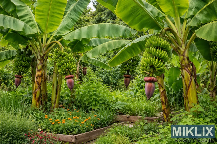 Lush banana plants growing in a home garden with large green leaves and developing fruit bunches hanging beneath them