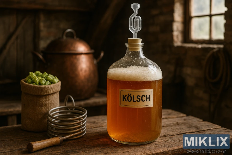 Стеклянный ферментер пива «Кёльш» стоит на деревянном верстаке в деревенской немецкой обстановке домашнего пивоварения, в окружении хмеля, медного оборудования для пивоварения и теплого солнечного света. Стеклянный ферментер пива «Кёльш» стоит на деревянном верстаке в деревенской немецкой обстановке домашнего пивоварения, в окружении хмеля, медного оборудования для пивоварения и теплого солнечного света.