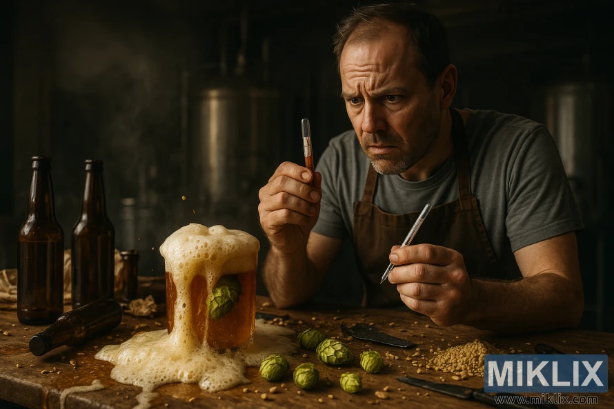 Skummende brygg renner over på en rotete disk med humle, flasker og en brygger som sjekker et hydrometer i et svakt disig bryggeri.