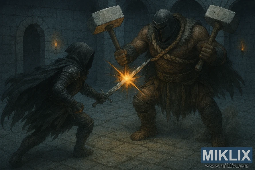 Realistic battle scene of Tarnished fighting Grave Warden Duelist with dual hammers in Elden Ring