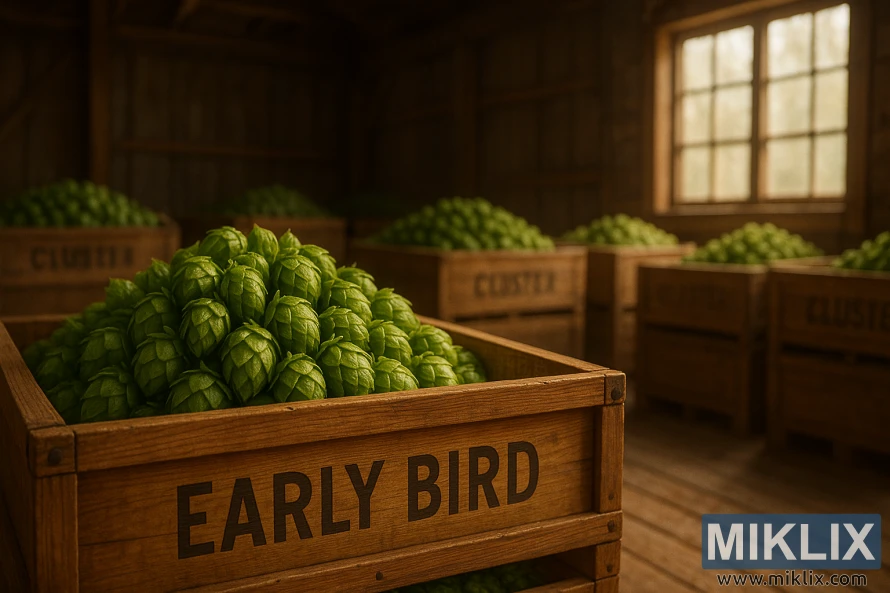 Κοντινό πλάνο λυκίσκου Early Bird σε ξύλινα δοχεία αποθήκευσης μέσα σε μια ρουστίκ αποθήκη.