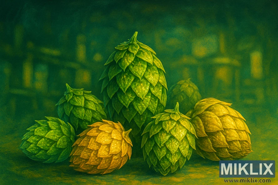 हरे और सुनहरे रंग में हॉप शंकु का क्लोज-अप चित्रण। हरे और सुनहरे रंग में हॉप शंकु का क्लोज-अप चित्रण।