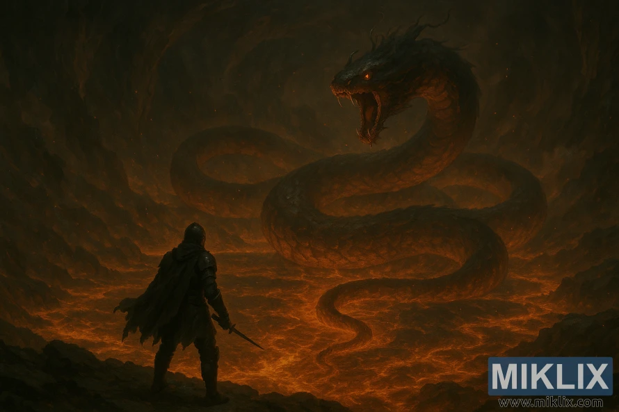 Tək döyüşçü yuxarıdan görünən vulkanik mağarada onların altında parlayan lava ilə nəhəng ilanla qarşılaşır.