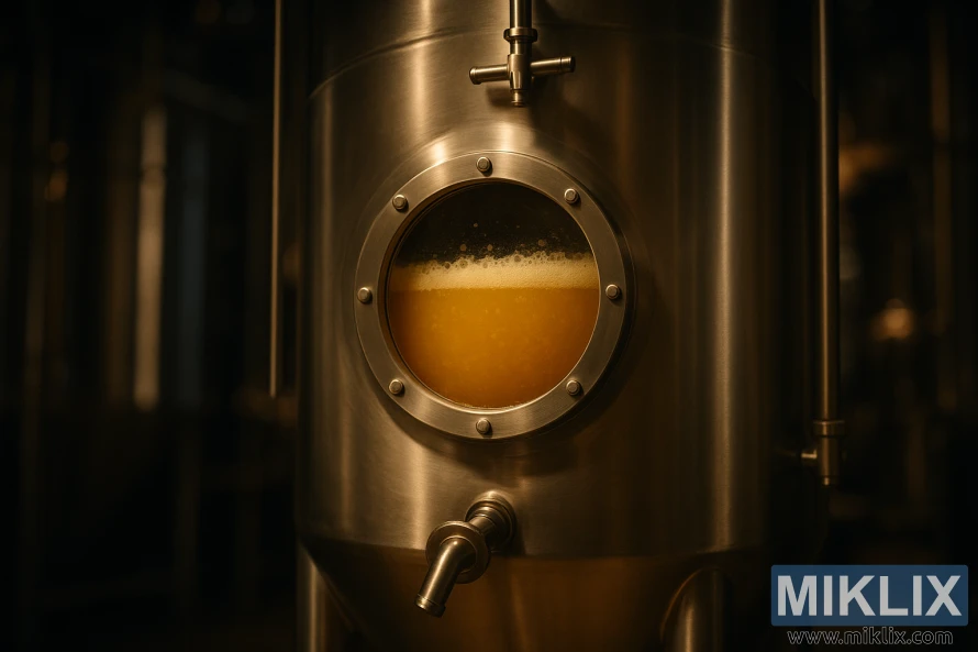 Lähikuva ruostumattomasta teräksestä valmistetusta käymissäiliöstä, jonka pyöreä lasi-ikkunassa näkyy aktiivisesti käymässä oleva utuinen New England IPA -olut hämärässä panimossa.