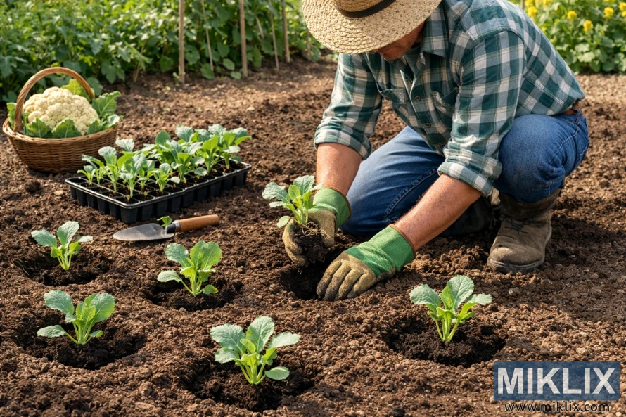 Jardiner agenollat en un hort, trasplantant plàntules de coliflor a forats espaiats uniformement en terra fosca i ben preparada.