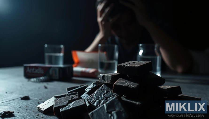 Saplaisājušas tumšās šokolādes kaudze ar antacīdiem līdzekļiem, ūdeni un ēnaina figūra, kas satver galvu blāvā gaismā.