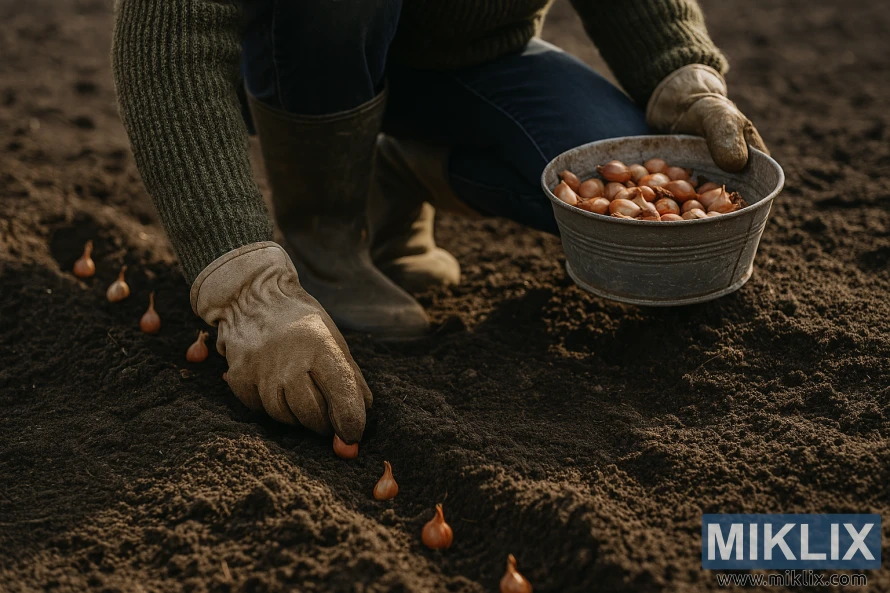 Seorang tukang kebun menanam bibit bawang di tanah kebun yang baru saja dibajak pada musim semi.