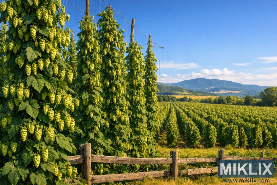 Lush hop plants climbing tall trellises beside a rustic wooden fence, with rows of hops stretching toward rolling hills under a bright blue sky.