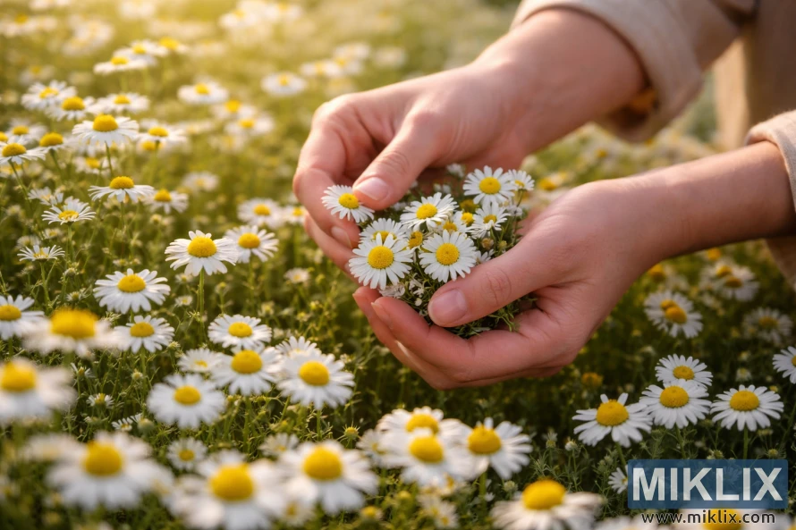 Hands gently harvesting fresh chamomile flowers in a sunlit field at peak bloom