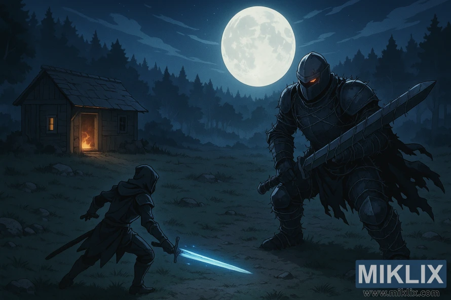 Anime-style isometric Elden Ring scene showing a Tarnished facing a helmeted Bell Bearing Hunter wrapped in barbed wire near the Hermit Merchant's Shack under a large moon. Anime-style isometric Elden Ring scene showing a Tarnished facing a helmeted Bell Bearing Hunter wrapped in barbed wire near the Hermit Merchant's Shack under a large moon.