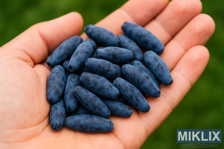 Close-up of a hand holding freshly picked honeyberries, showing their elongated blue shape and velvety texture against a blurred green background. Close-up of a hand holding freshly picked honeyberries, showing their elongated blue shape and velvety texture against a blurred green background.