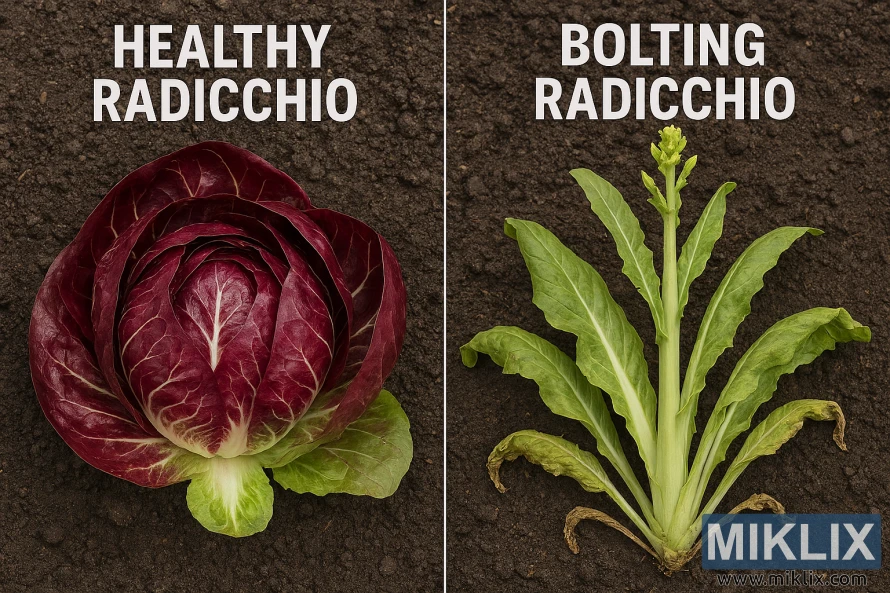 Side-by-side comparison of healthy radicchio and bolting radicchio on dark soil