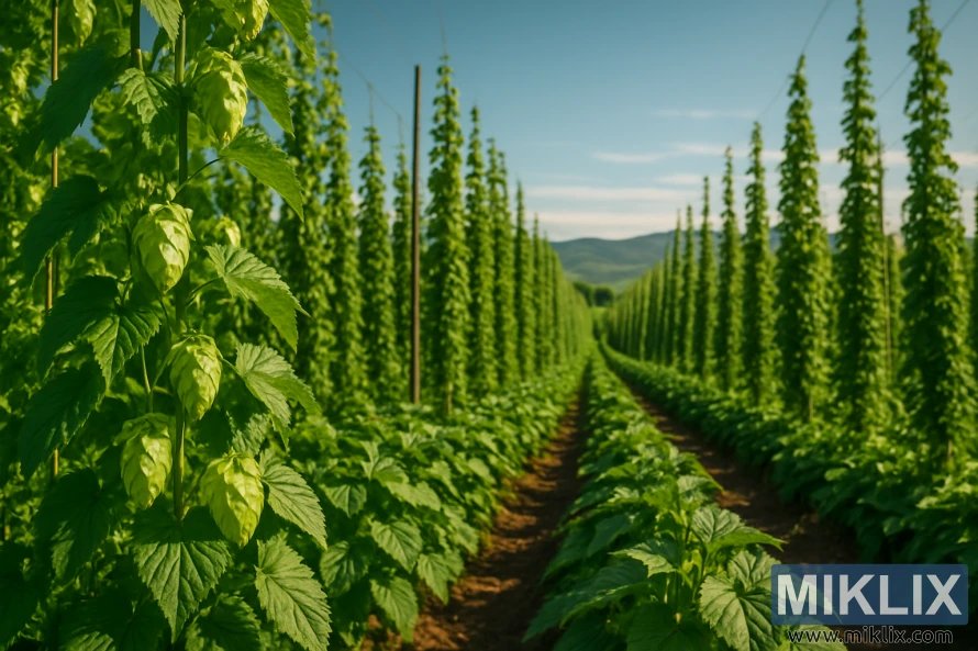 Solbelyst humleåker med grønne binger på espalier, bølgende åser og en klar blå himmel i bakgrunnen.
