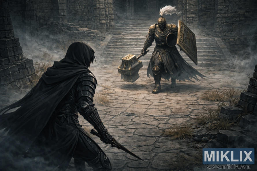 Mid distance view from behind the Tarnished in dark armor facing Black Knight Garrew with a gilded mace and shield in a misty ruined fortress courtyard.