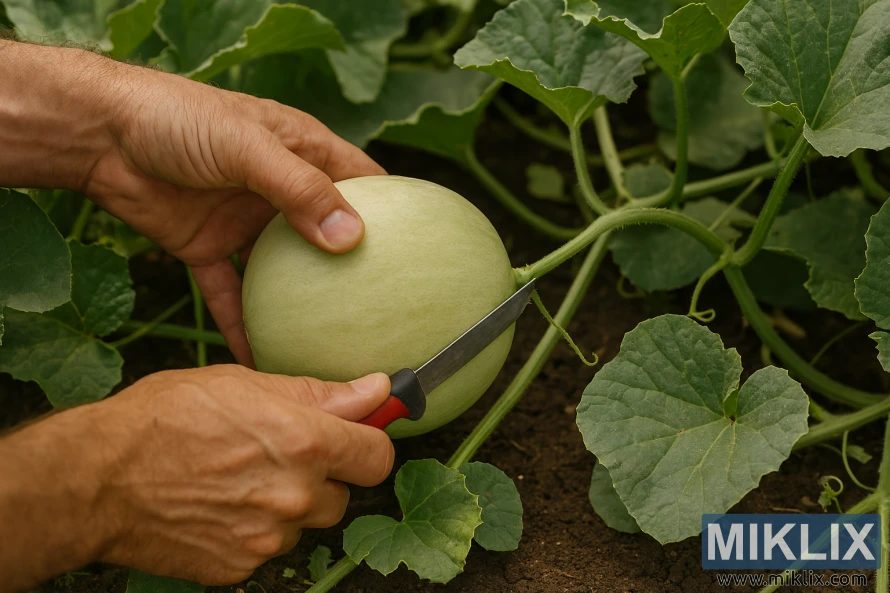 Gardener using pruning shears to cut honeydew melon from vine Gardener using pruning shears to cut honeydew melon from vine