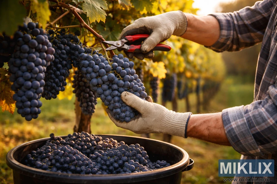 Gloved hands use pruning shears to harvest ripe purple grape clusters over a bucket in a sunlit vineyard.