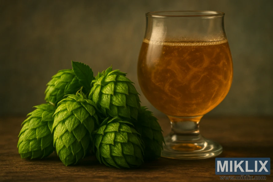 落ち着いた雰囲気の背景に柔らかく照らされた、渦巻く琥珀色の液体が入ったグラスの横に、新鮮な緑色のゼウスホップの円錐形の実を置いた芸術的な静物画。 落ち着いた雰囲気の背景に柔らかく照らされた、渦巻く琥珀色の液体が入ったグラスの横に、新鮮な緑色のゼウスホップの円錐形の実を置いた芸術的な静物画。