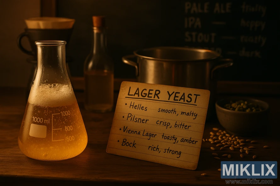 황금빛 액체가 끓어오르는 비이커, 손으로 쓴 라거 효모 레시피 카드, 그리고 배경에 맥주 스타일을 나열한 칠판이 있는 희미하게 밝혀진 주방 조리대. 황금빛 액체가 끓어오르는 비이커, 손으로 쓴 라거 효모 레시피 카드, 그리고 배경에 맥주 스타일을 나열한 칠판이 있는 희미하게 밝혀진 주방 조리대.