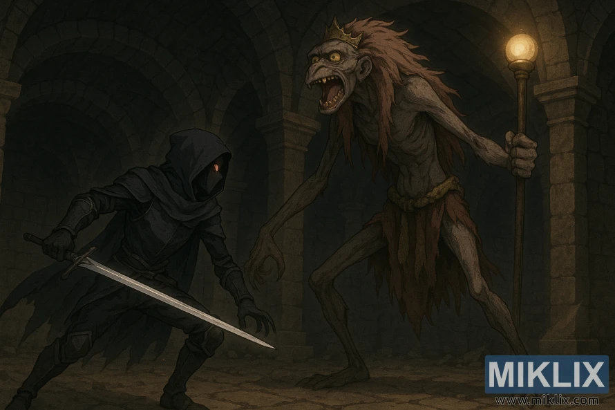 Anime-style illustration of the Tarnished in Black Knife armor facing a tall, gaunt Demi-Human Queen wielding a glowing staff in a dark stone cellar beneath Lux Ruins.