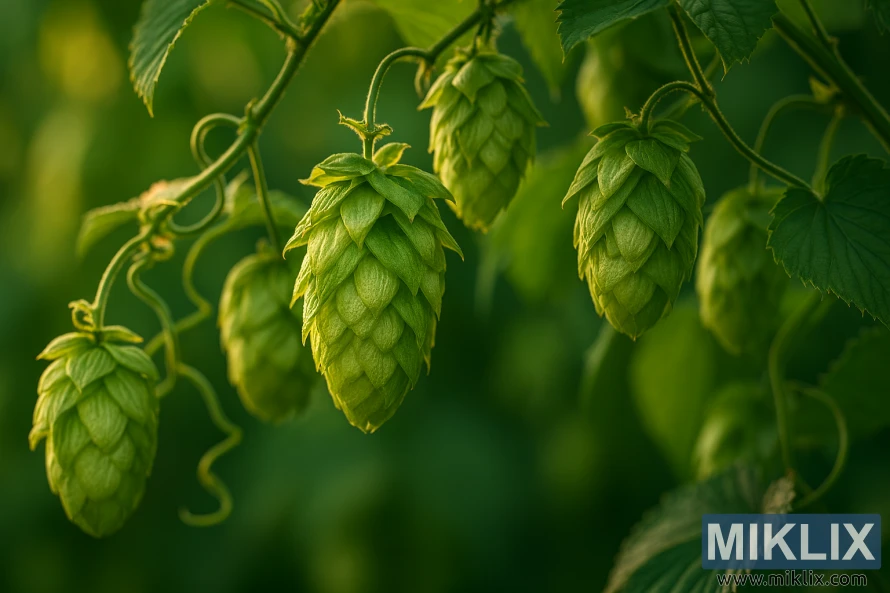 Close-up of vibrant green Elsaesser hop cones illuminated by golden sunlight with curling vines and textured leaves. Close-up of vibrant green Elsaesser hop cones illuminated by golden sunlight with curling vines and textured leaves.