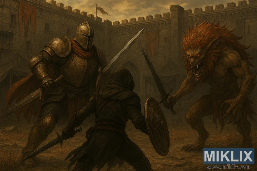 Полуреалистична фан арт Елден Ринга који приказује Потамњелог борбеног витеза Крусибла и Незаконитог ратника у замку Редмејн