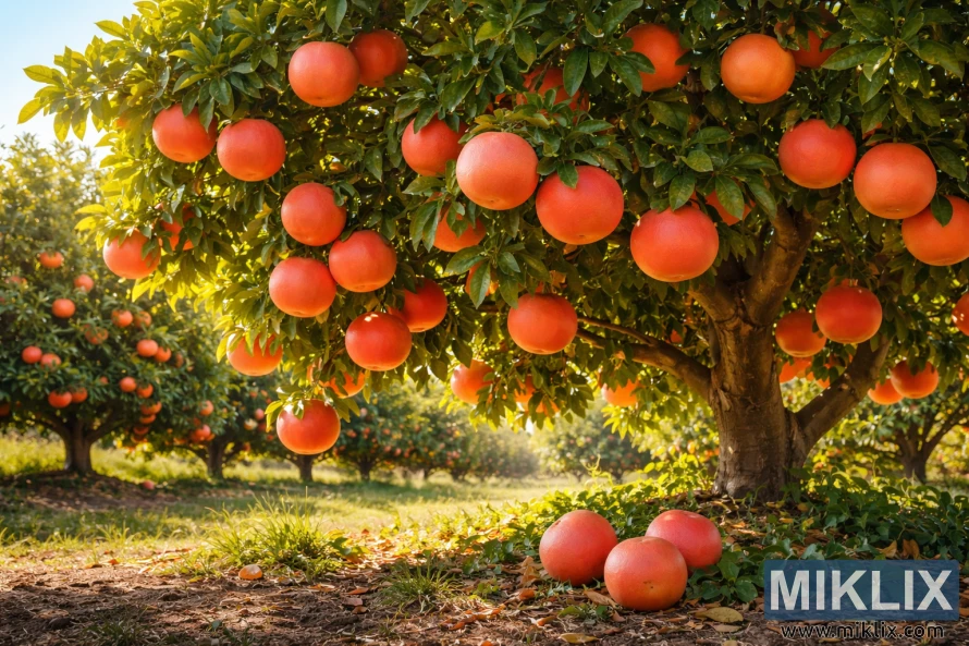 Árvore de toranja Ruby Red banhada de sol, com toranjas vermelhas maduras penduradas nos galhos em um pomar exuberante.