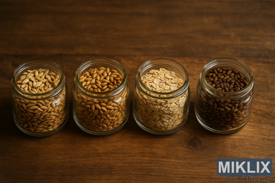 Four glass jars filled with pale malt, malted wheat, oats, and Carafoam malt arranged on a rustic wooden surface under soft lighting.