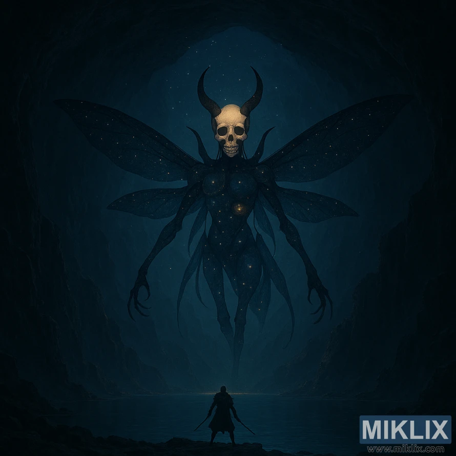 A tiny warrior faces a colossal flying insect-like celestial being with a horned human skull inside a massive underground cavern. A tiny warrior faces a colossal flying insect-like celestial being with a horned human skull inside a massive underground cavern.