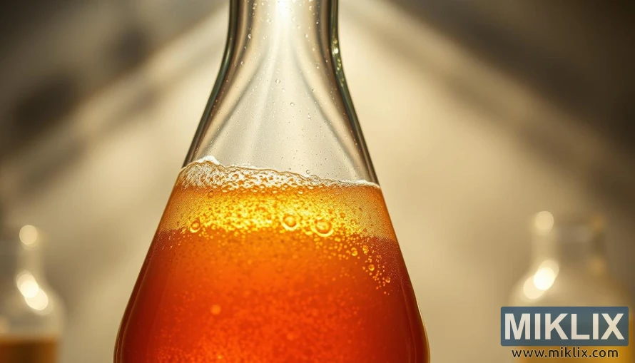 Nærbilde av en kolbe med gylden, boblende gjæringsvæske i en varm, bakgrunnsbelyst laboratoriesetting. Nærbilde av en kolbe med gylden, boblende gjæringsvæske i en varm, bakgrunnsbelyst laboratoriesetting.