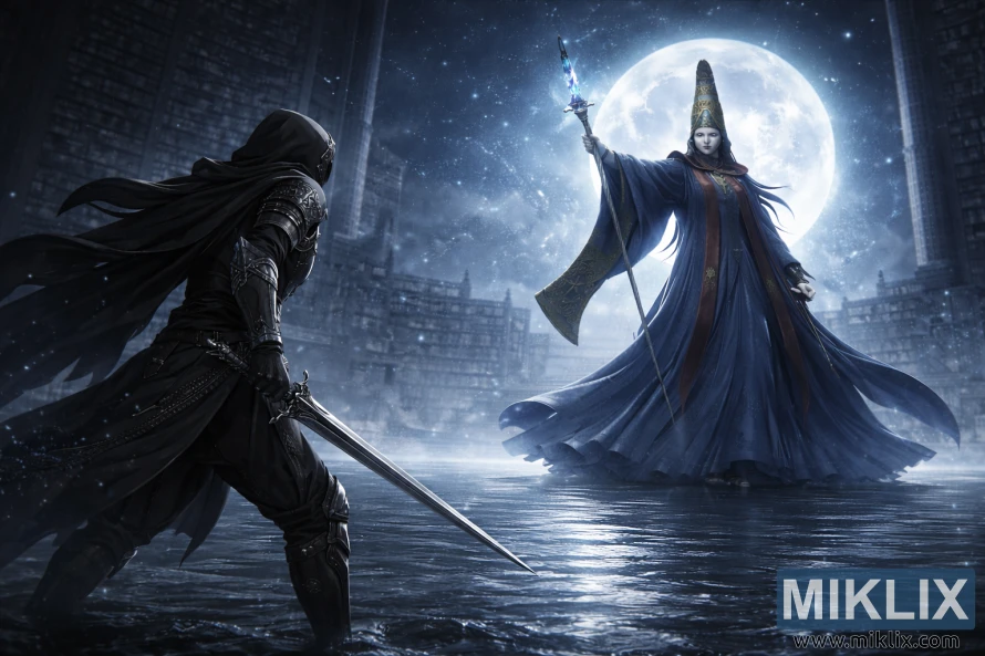 Illustrazione dark fantasy che mostra il Tarnished di spalle con una spada, di fronte all'imponente Rennala, Regina della Luna Piena, nella biblioteca illuminata dalla luna della Raya Lucaria Academy.