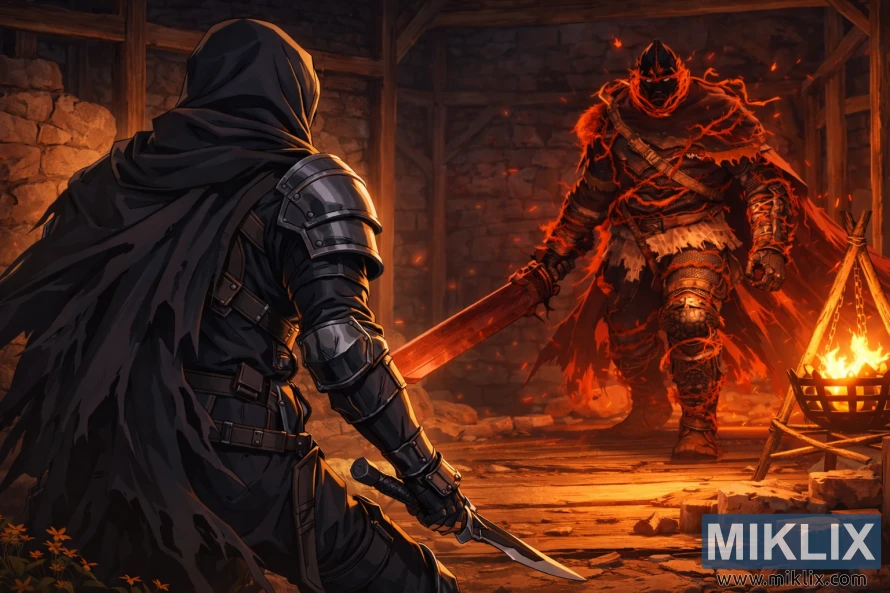 Fanúšikovská grafika Elden Ring v anime štýle zobrazujúca Tarnished zozadu naľavo, tvárou v tvár žiariacemu Zvononosnému Hunterovi vo vnútri Warmaster's Shack tesne pred bojom.